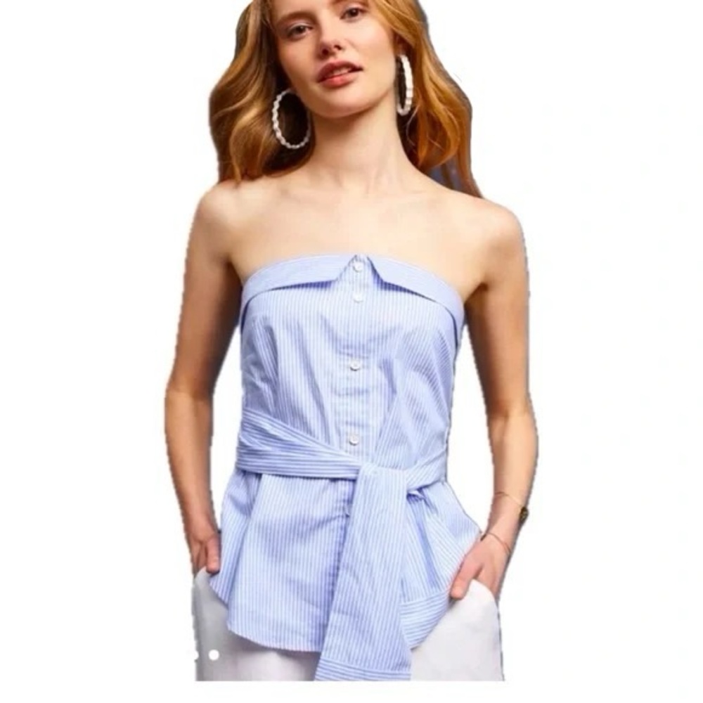 Anthropologie Maeve Blue and White Striped Smocked Top